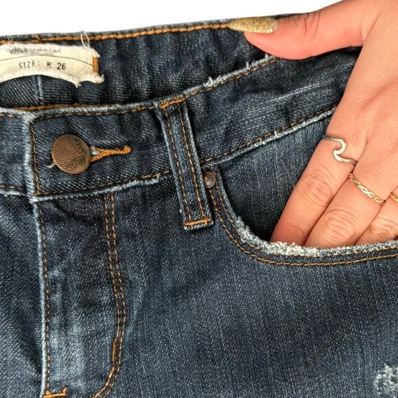 Free People Dark Wash Raw Hem Distressed Low Rise Denim Straight Ankle Jeans 26 - Picture 8 of 10